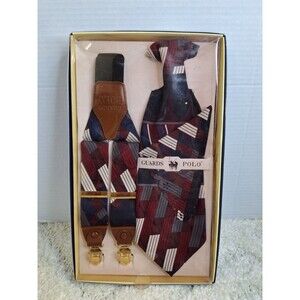Vtg GUARDS POLO CLUB Boxed Set Suspender Necktie Pocket Square Multicolor Stripe